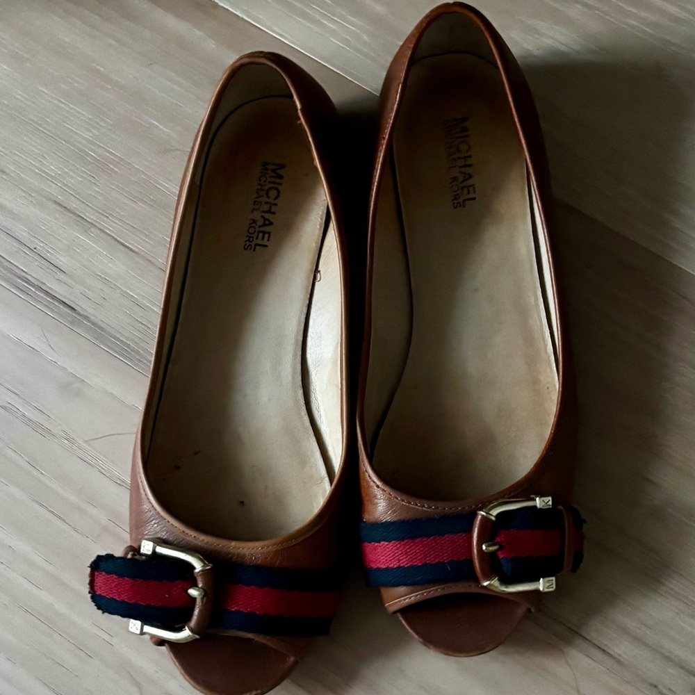 Michael Kors Brown Flats with Red and Blue Stripes